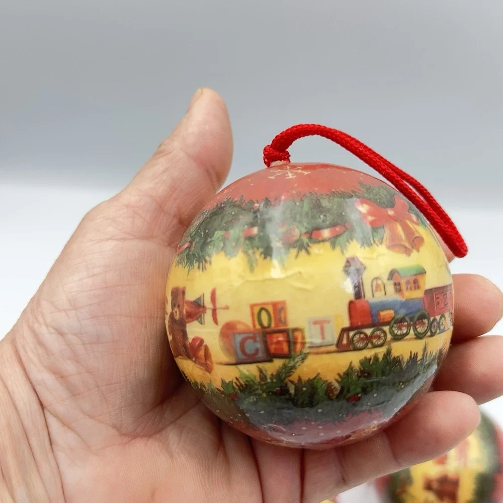 Vintage Christmas Ornament Set of 5 Paper Mache Childrens Train Blocks Red‎ Gold